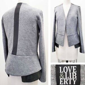 Love & Liberty Women's Grey Wool Knit Jersey Black Leather Open Front Jacket 8